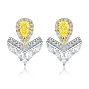 Pear Drop Yellow Zircon V-shape Silver Studs Earrings for Women