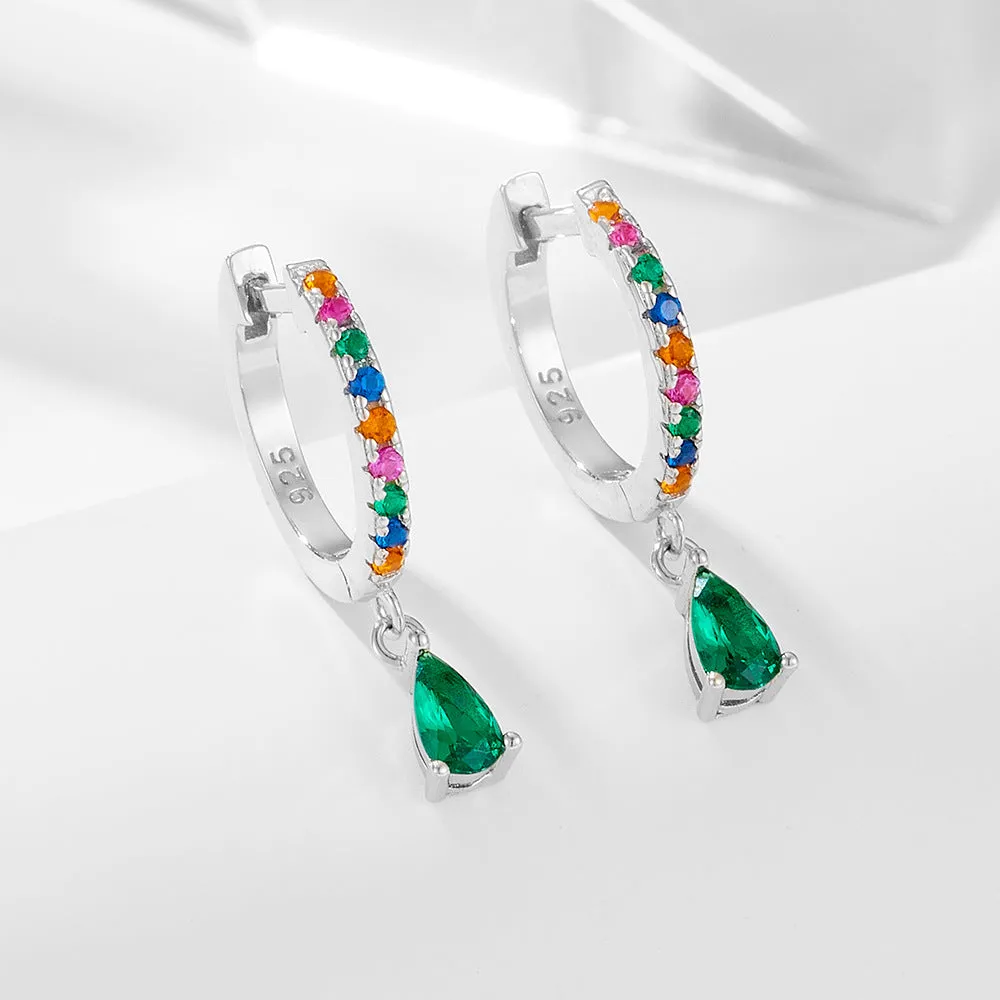 Pear Shape Green Zircon Pendant Rainbow Sterling Silver Hoop Earrings