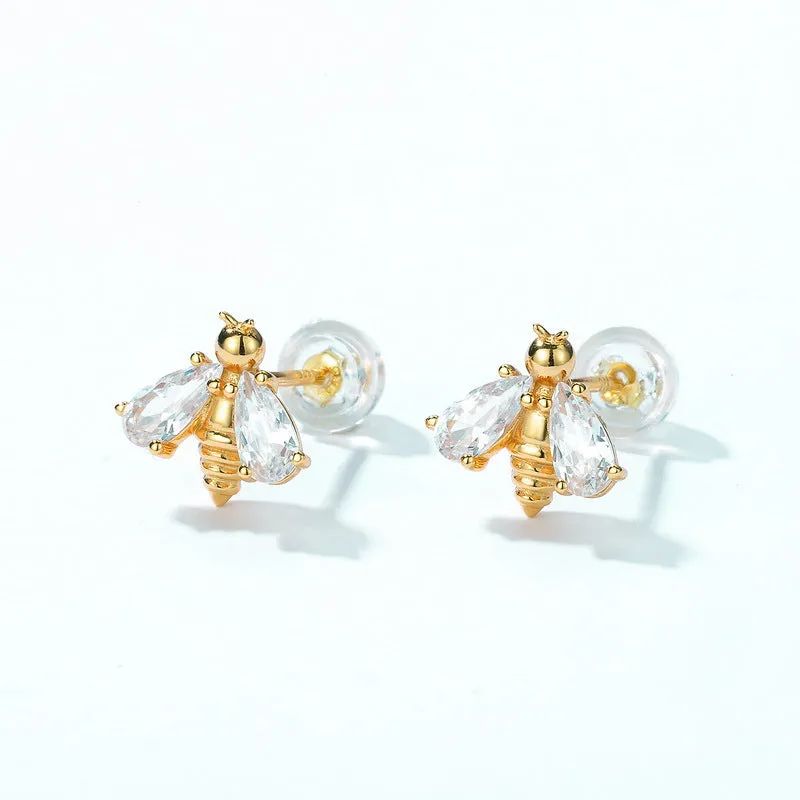 Pear Shape Zircon Cute Bee Sterling Silver Stud Earrings