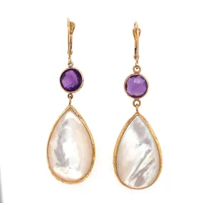 Pear Shaped Mother Of Pearl And Round Amethyst Dangle Earrings With 14 Karat Yellow Gold