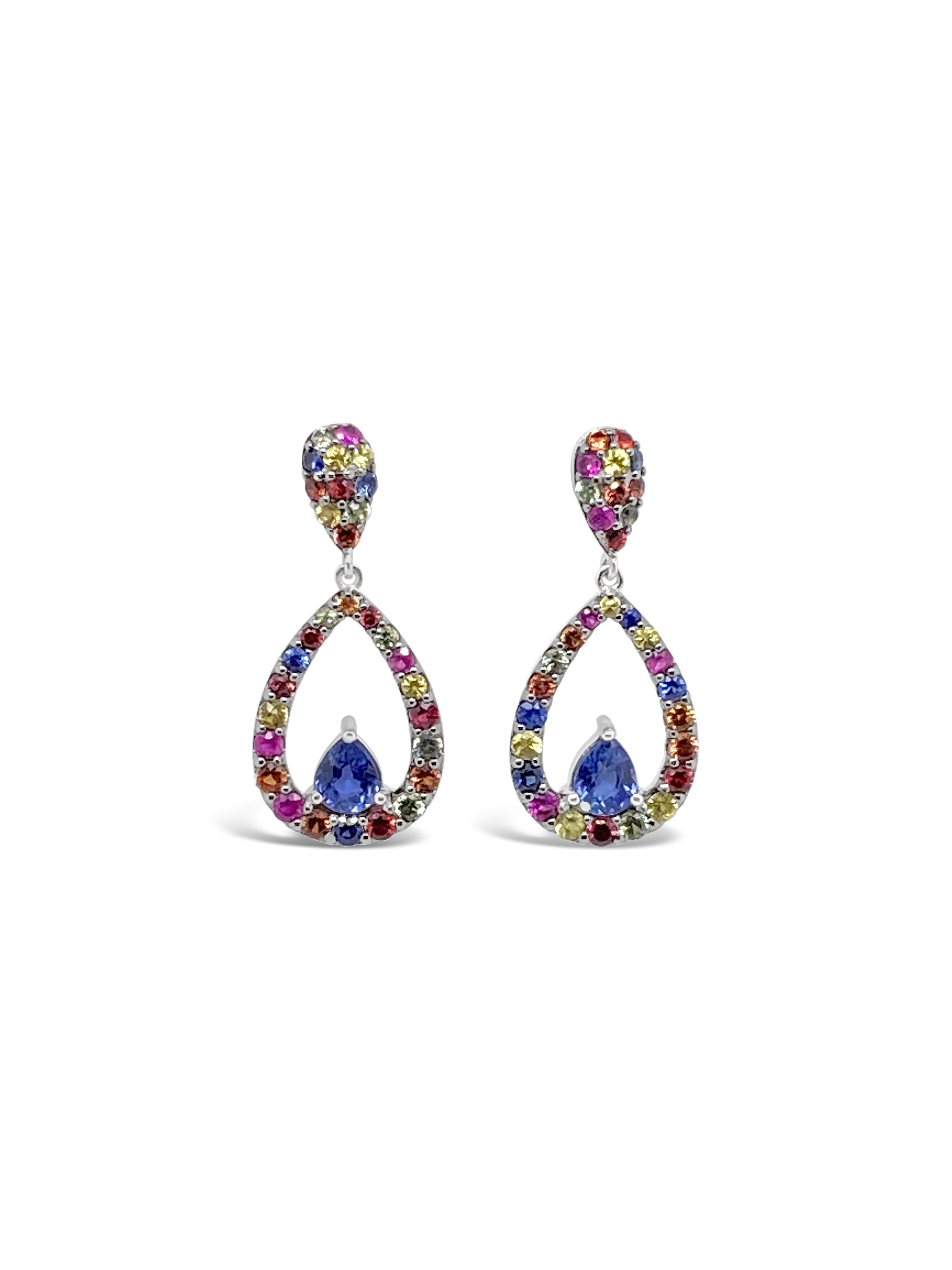 Pear Shaped Rainbow Sapphire Dangle Earrings