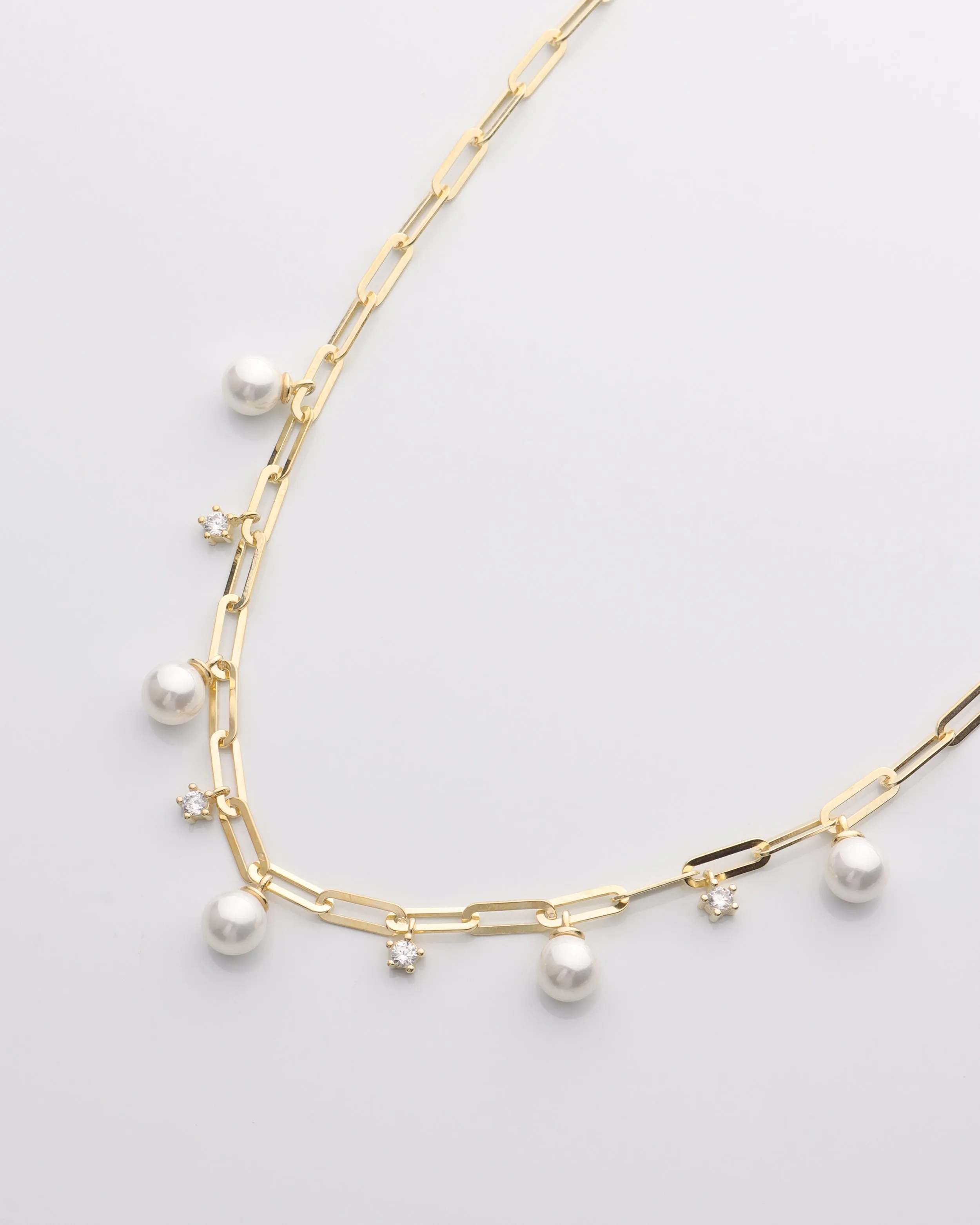 Pearl & CZ Charm Paperclip Necklace