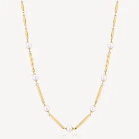 Pearl and Bar Link Necklace in Gold Plated Stainless Steel