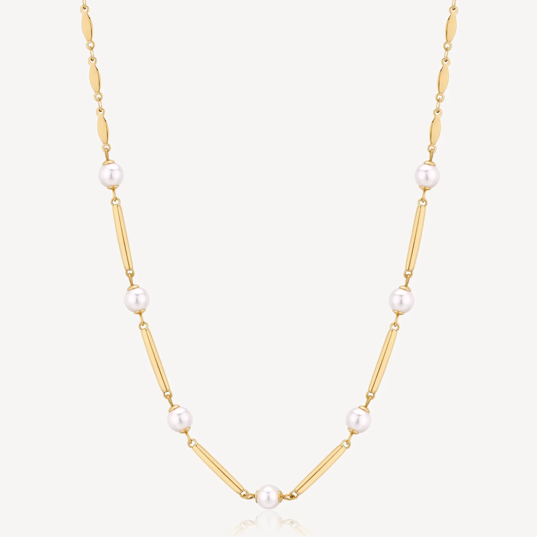 Pearl and Bar Link Necklace in Gold Plated Stainless Steel