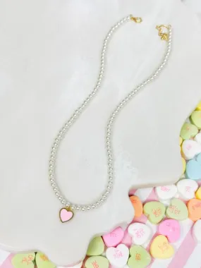 Pearl Bead Heart Charm Necklace - Pink