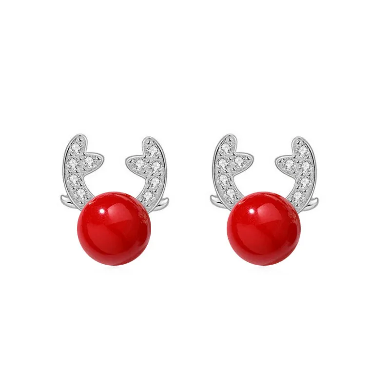 Pearl Deer with Zircon Antler Silver Stud Earrings for Women