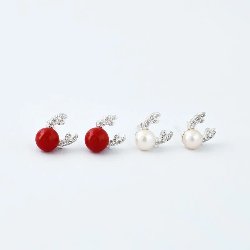 Pearl Deer with Zircon Antler Silver Stud Earrings for Women