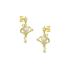 Pearl Saturn with Zircon Tassel Stars Silver Drop Earrings for Women