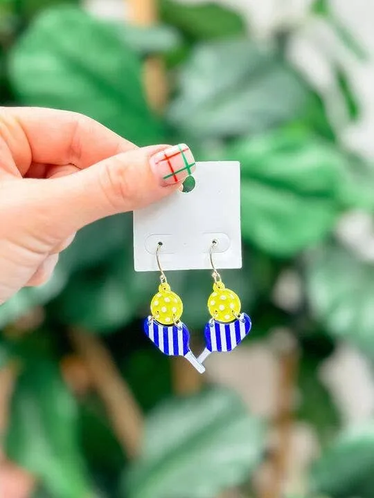 Pickleball Dangle Earrings: Yellow Stripe