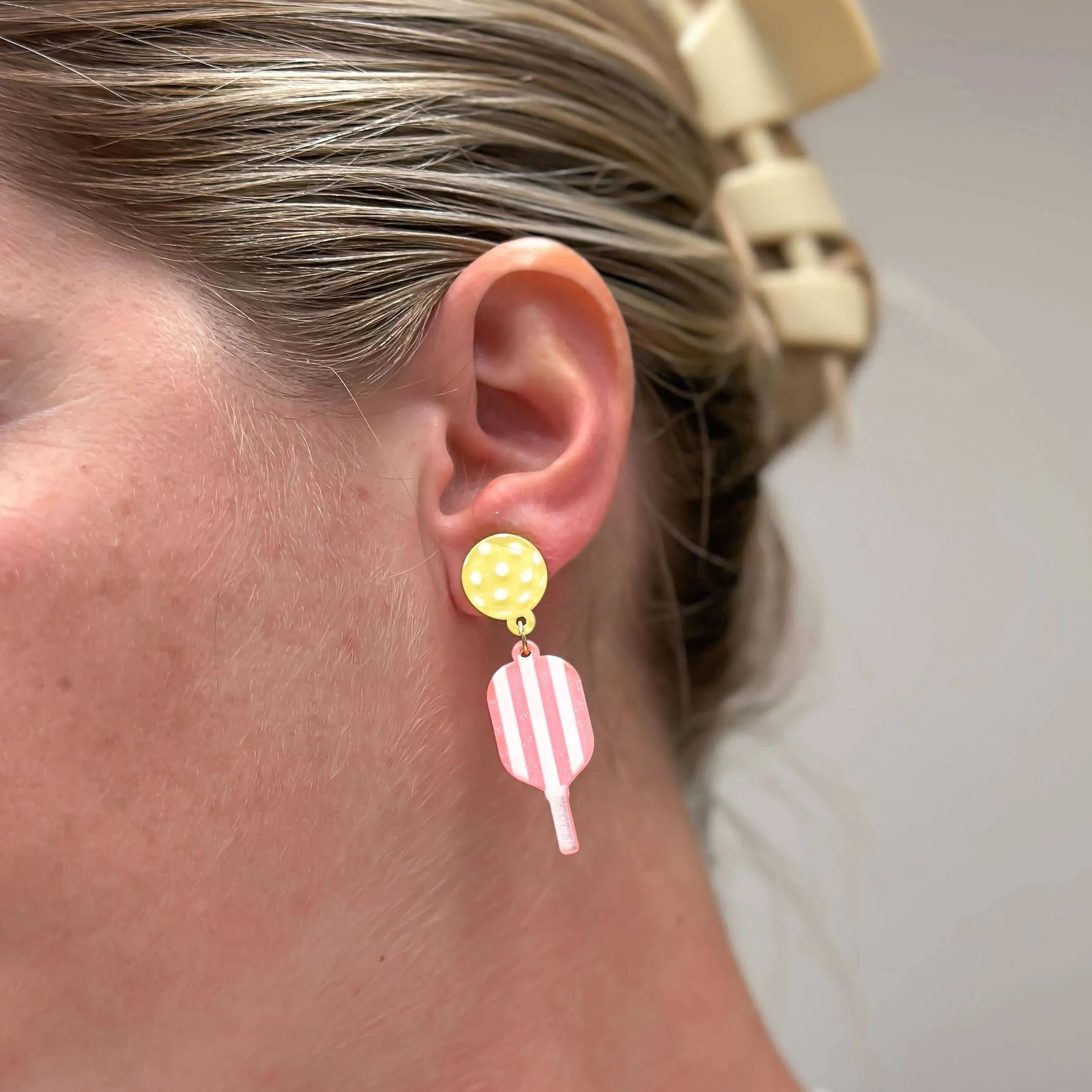 Pickleball Dangle Earrings: Yellow Stripe