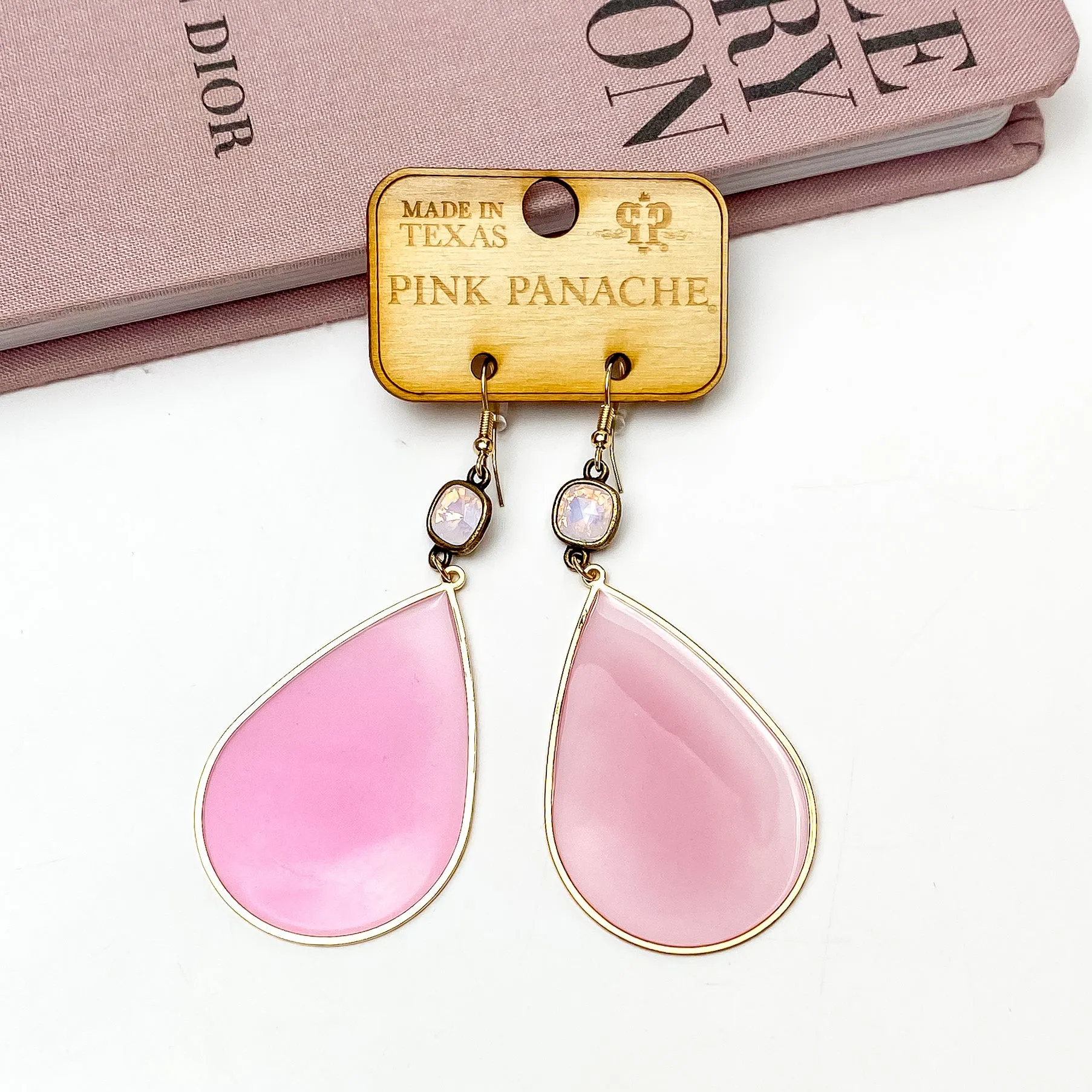 Pink Panache | Rose Water Opal Cushion Cut Drop Earrings with Pink Acrylic Teardrop Pendant