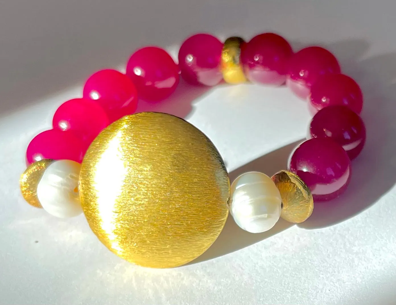 Pink Rose Quartz & Pearl Gemstone Brushed Gold Vermeil Beaded Bracelet