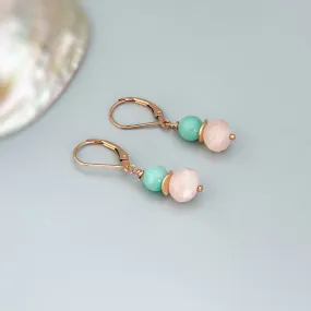 Pink Rose Quartz and Peruvian Opal Earrings in Rose Gold, Silver, Gold