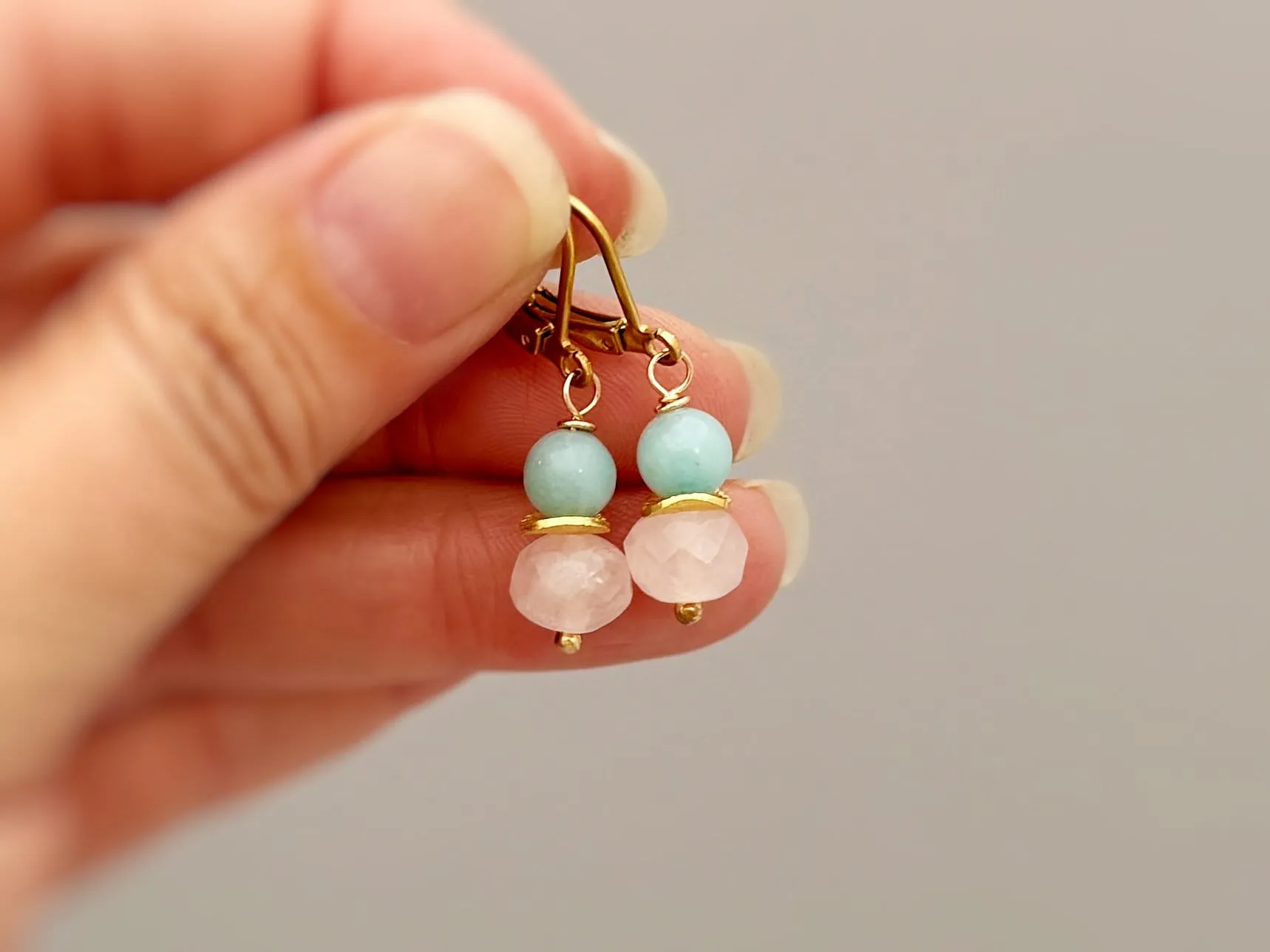 Pink Rose Quartz and Peruvian Opal Earrings in Rose Gold, Silver, Gold