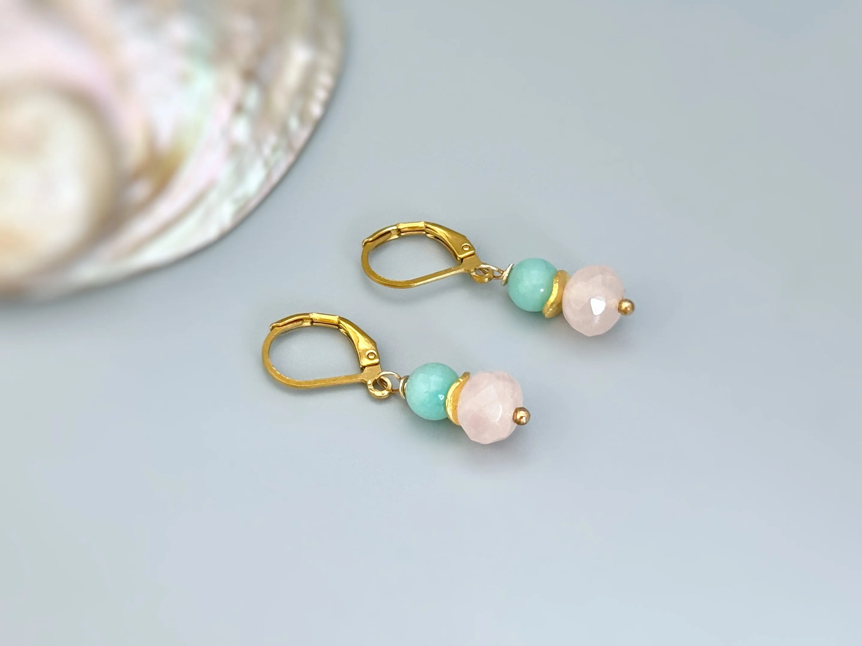 Pink Rose Quartz and Peruvian Opal Earrings in Rose Gold, Silver, Gold