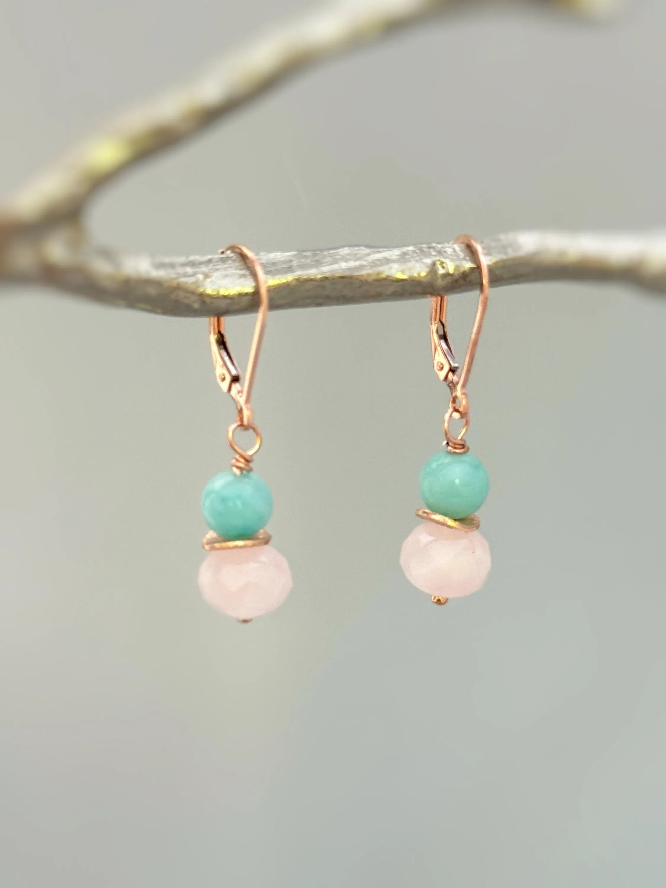 Pink Rose Quartz and Peruvian Opal Earrings in Rose Gold, Silver, Gold