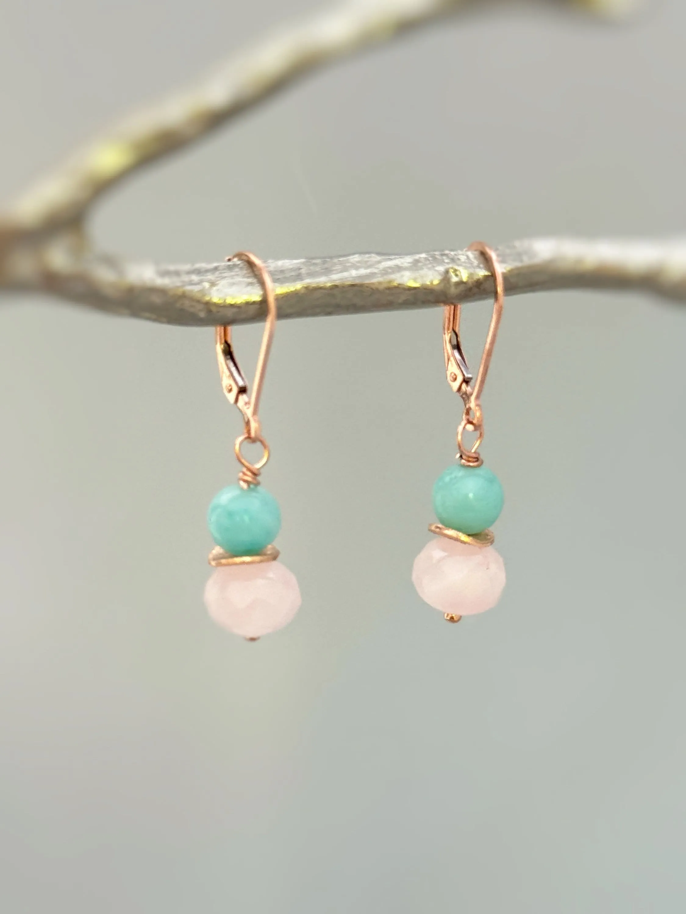 Pink Rose Quartz and Peruvian Opal Earrings in Rose Gold, Silver, Gold