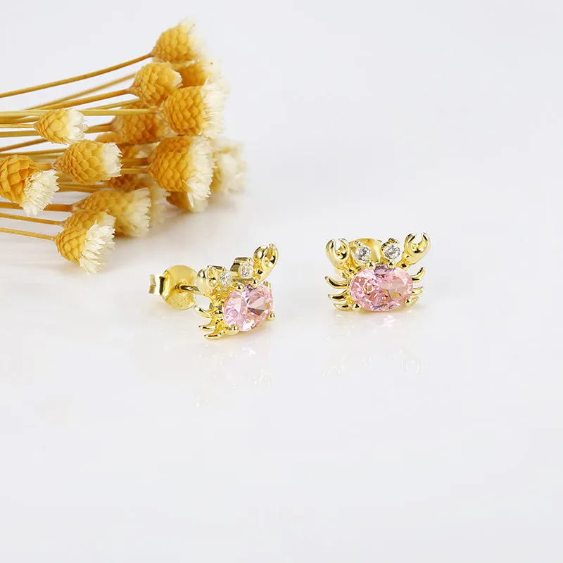 Pink Zircon Small Crab Silver Studs Earrings for Women