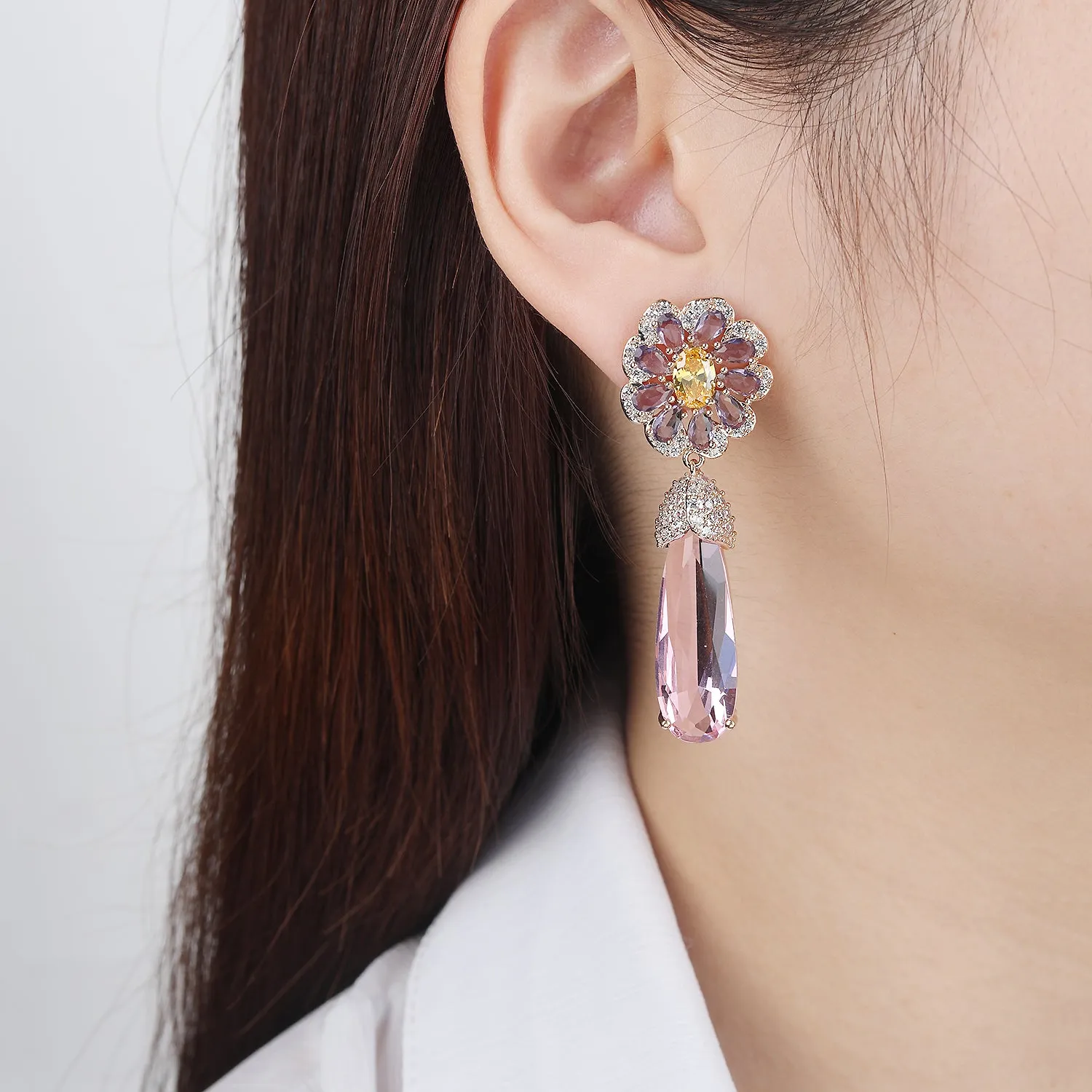 Popular Zircon Round Flower Drop Earring, Women's Girl's Gatherings Jewelry CE1194