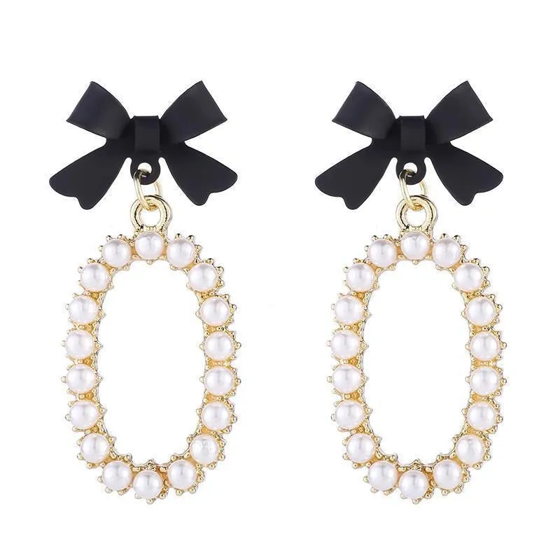 Pre Order:  Chic Black Bow Pearl Dangle Earrings