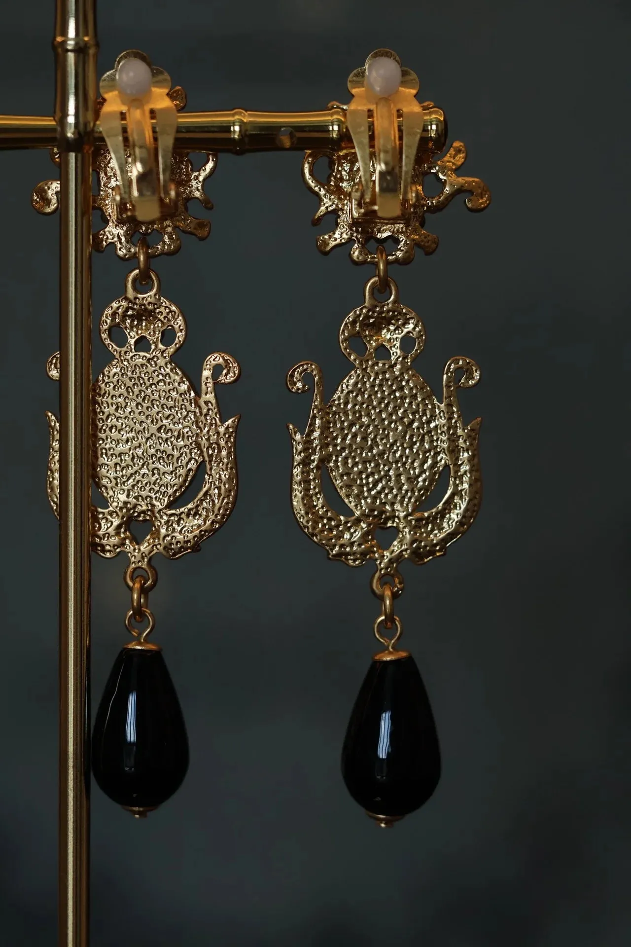 Pre Order:  Vintage Black Agate Prince Head Dangle Earrings