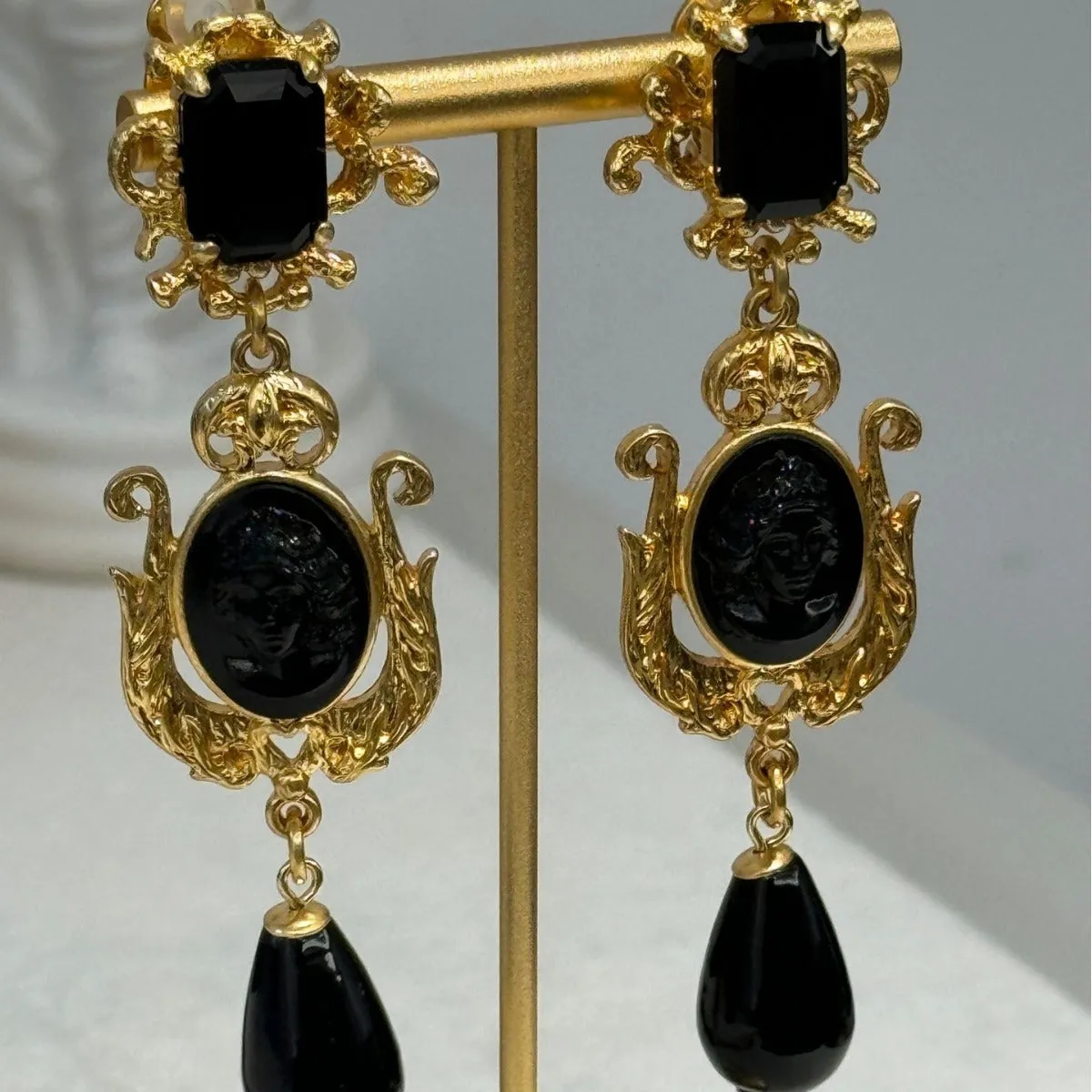 Pre Order:  Vintage Black Agate Prince Head Dangle Earrings