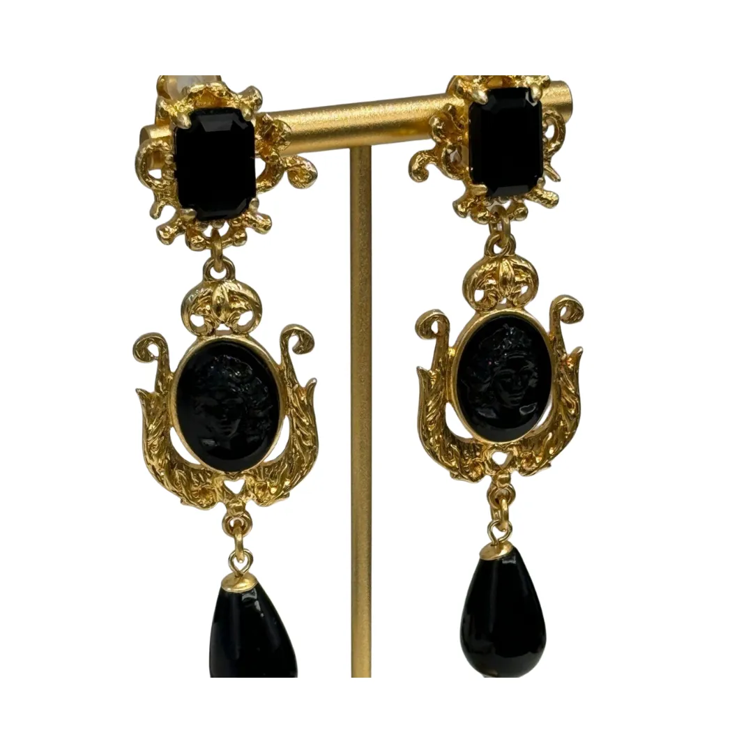 Pre Order:  Vintage Black Agate Prince Head Dangle Earrings