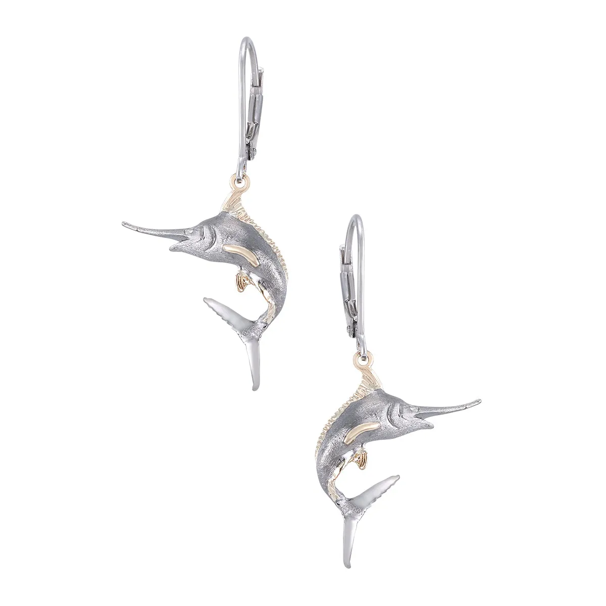 Precious Silver/14KY (Black & Yellow) 18mm Blue Marlin Earrings w/4 Diamonds .01ct, with Dangle Leverback