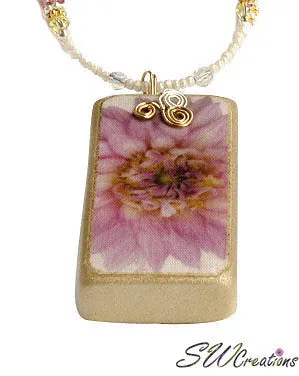 Purple Pink Yellow Dahlia Crystal Fleuri Art Domino Necklace