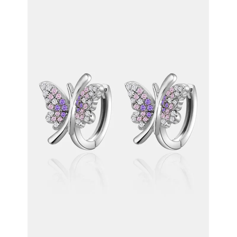 Purple Zircon Butterfly Silver Hoop Earrings for Women