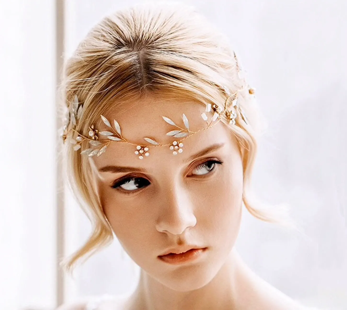 "Fabienne" - Gold Opal Bridal Headband/Hair Vine With Matching Earrings