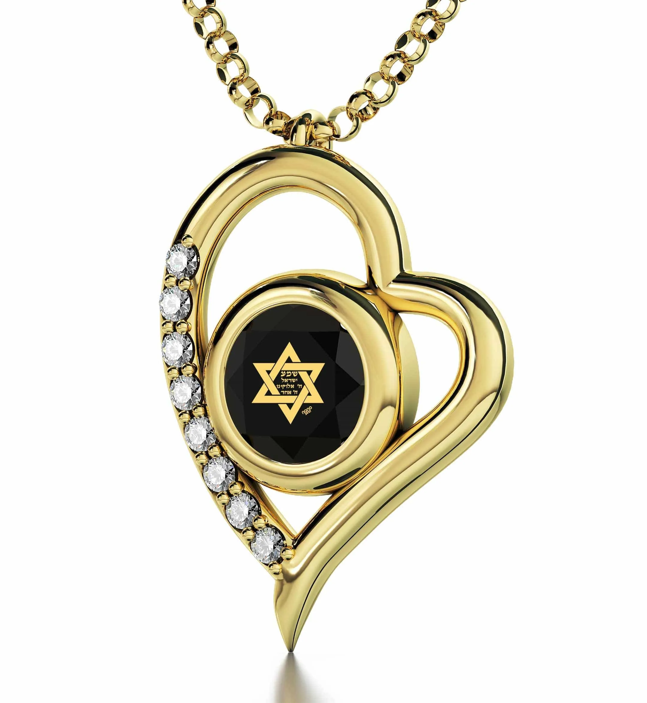 "Shema Yisrael", 14k Gold Diamonds Necklace, Swarovski