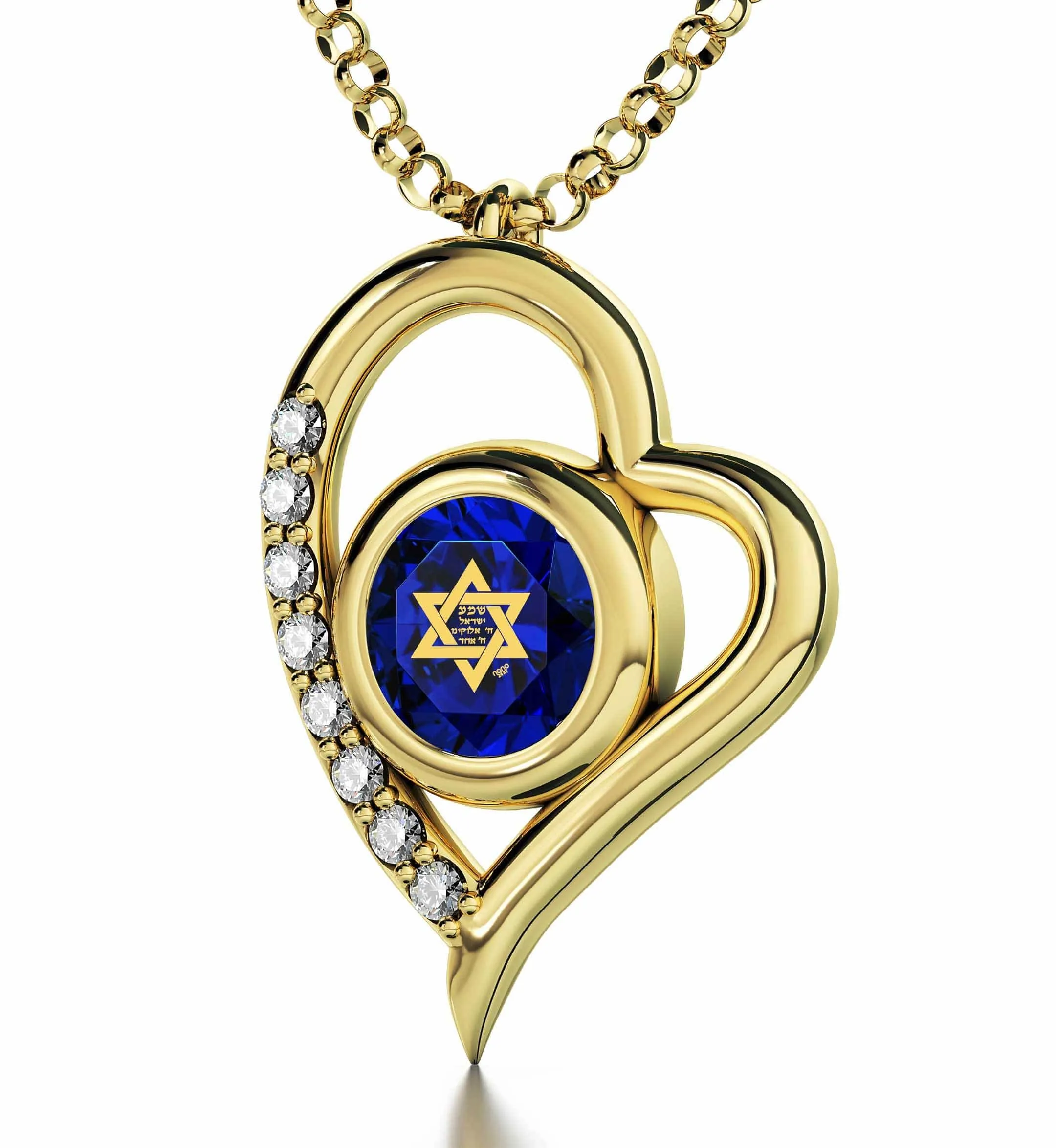 "Shema Yisrael", 14k Gold Diamonds Necklace, Swarovski