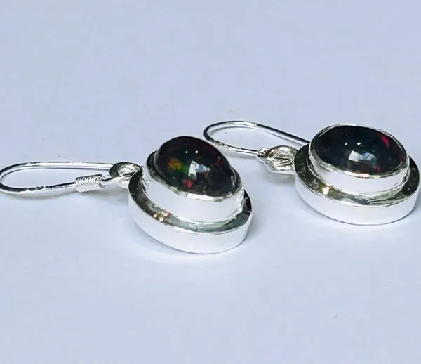 Rare Black Opal Hook Earrings, oval (PG90)