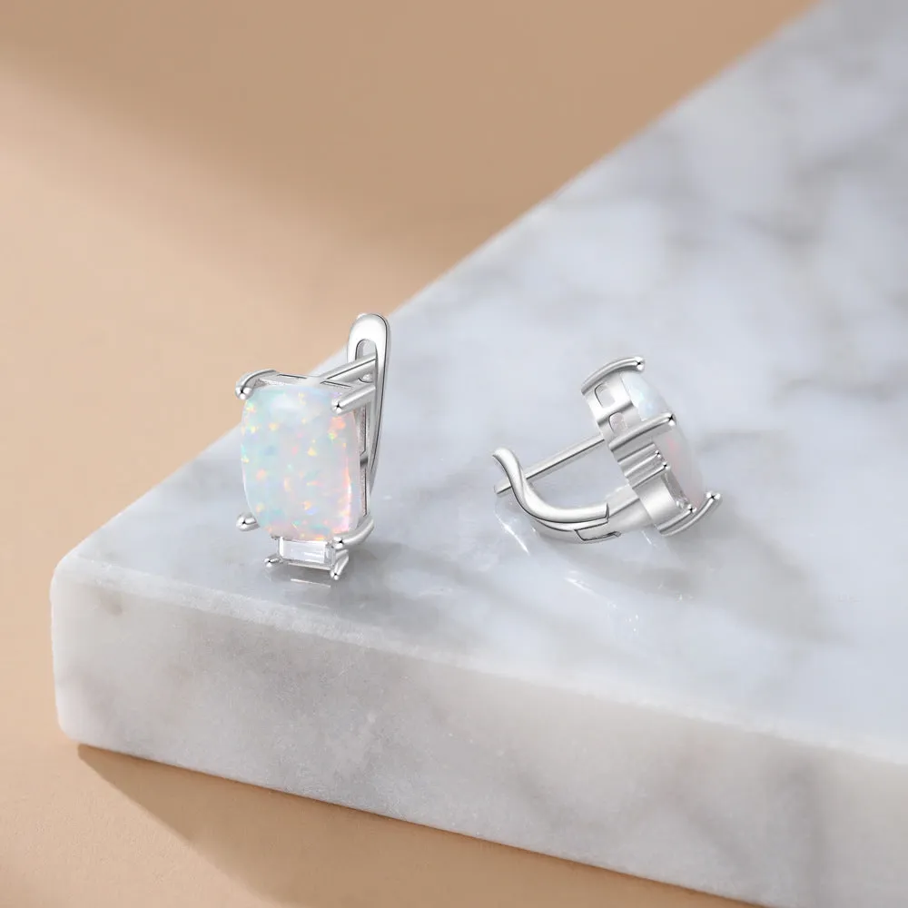 Rectangle Opal with Small Baguette Cut Zircon Sterling Silver Earrings