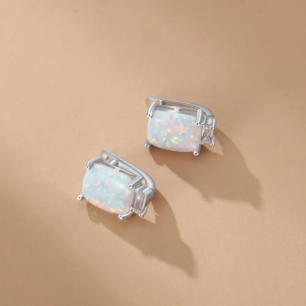 Rectangle Opal with Small Baguette Cut Zircon Sterling Silver Earrings