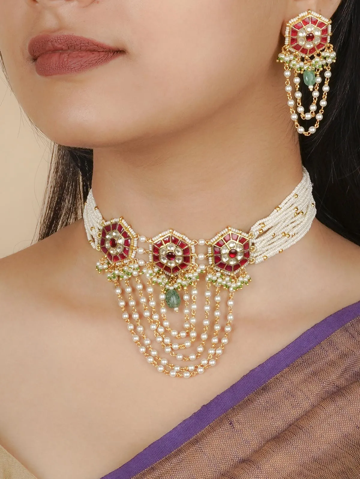 Red Color Gold Plated Jadau Kundan Necklace Set - MS2052YR