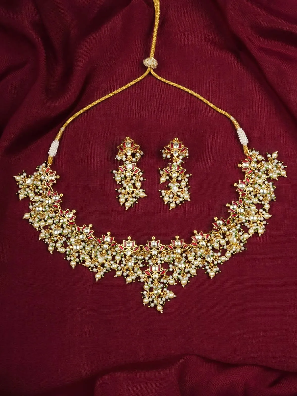 Red Color Gold Plated Jadau Kundan Necklace Set - MS2056YR