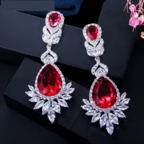 Red Cubic Zirconia Long Big Drop Marquee Earrings