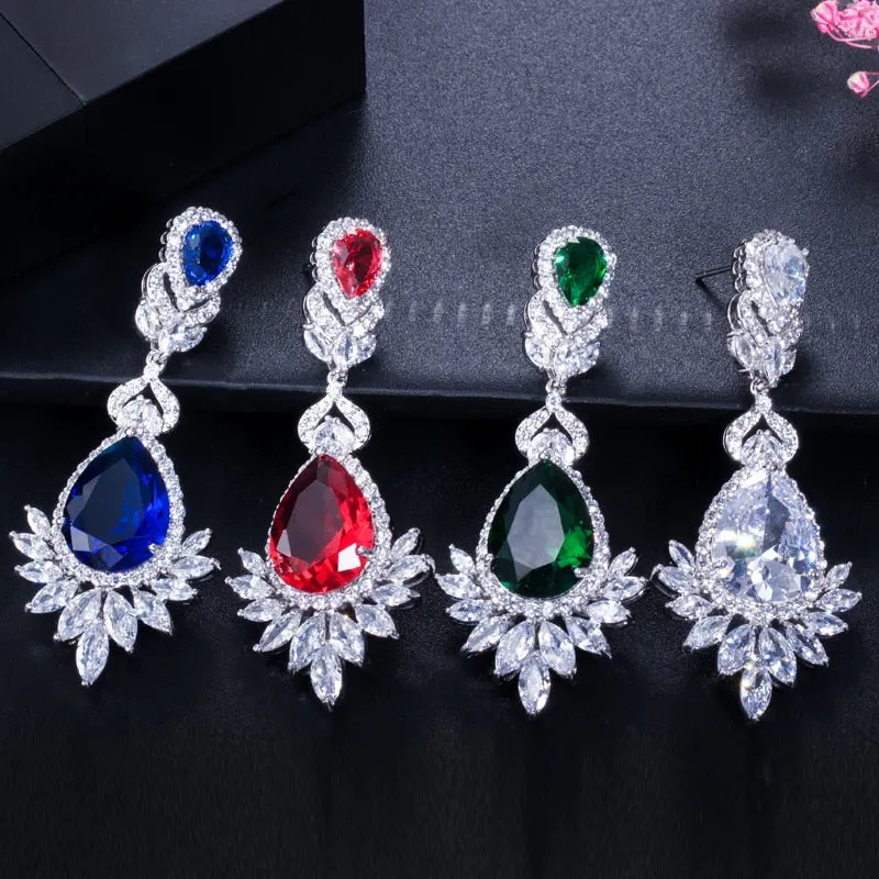 Red Cubic Zirconia Long Big Drop Marquee Earrings