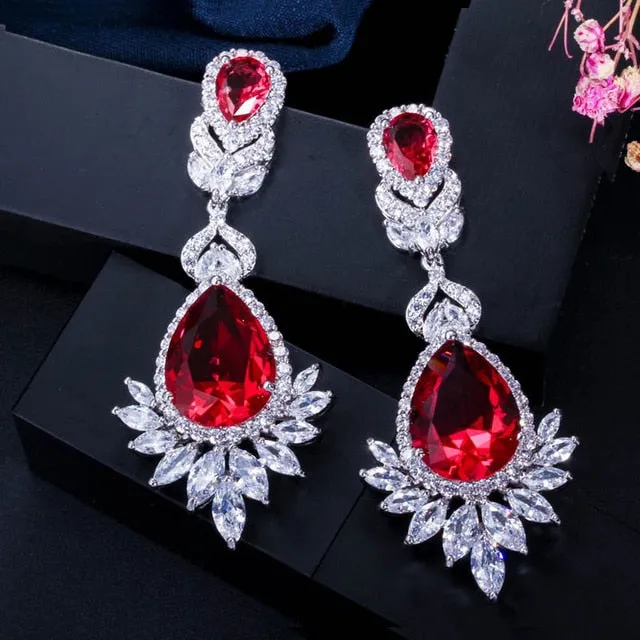 Red Cubic Zirconia Long Big Drop Marquee Earrings