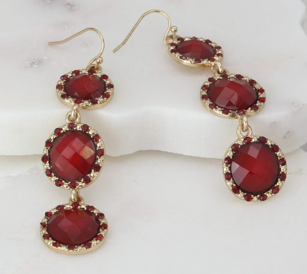 Red faceted tri-disc dangle earrings