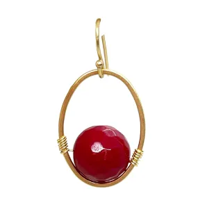 Red Jade And Matte Gold Wire Wrap Oval Earrings