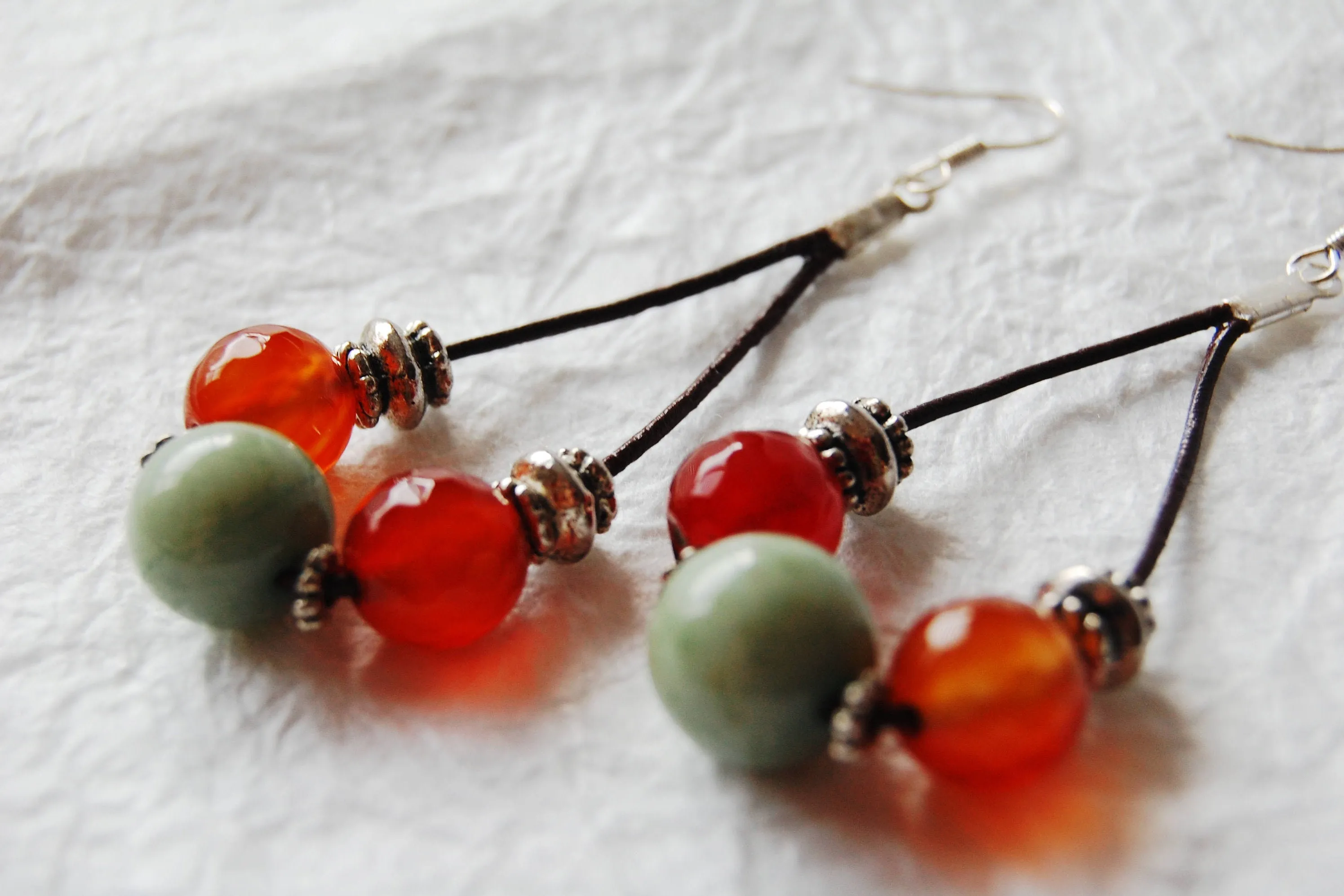 Red Orange Carnelian Dyed Jade and Leather Drop Hoop Earrings, The La Paz Earrings