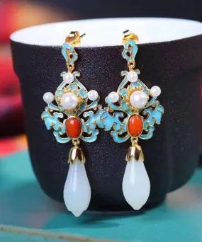 Regular Sterling Sliver Overgild Pearl Cloisonne Jade Agate Drop Earrings