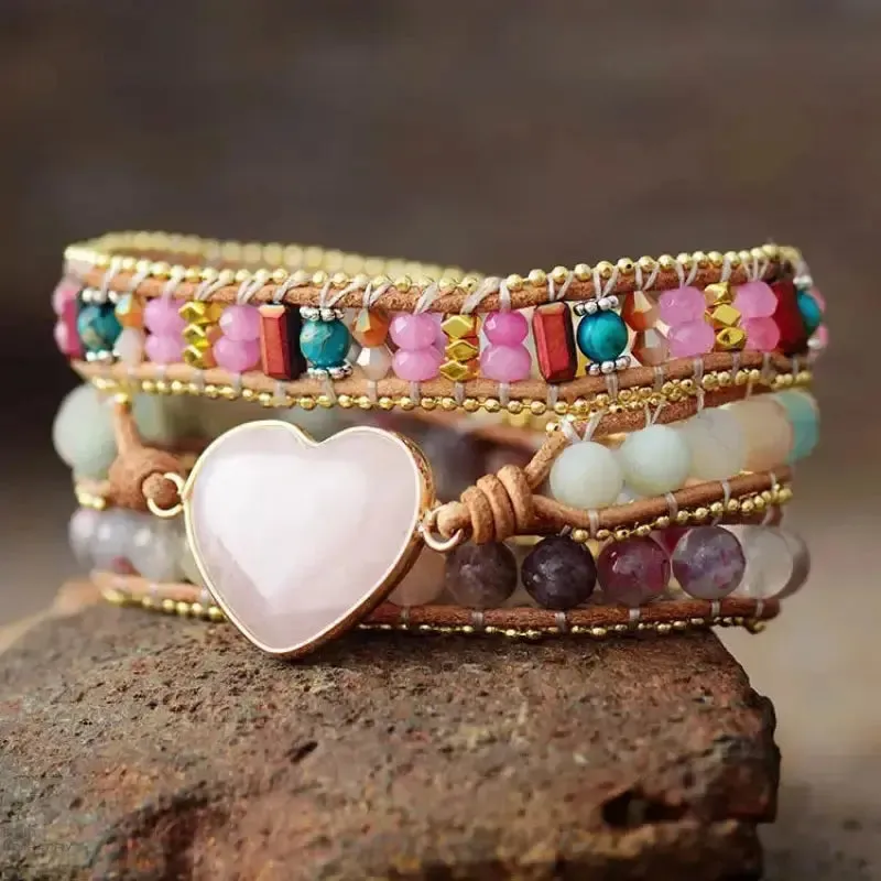 Rose Quartz & Tourmaline Heart Wrap Bracelet - Elevate Your Style with Healing Crystals