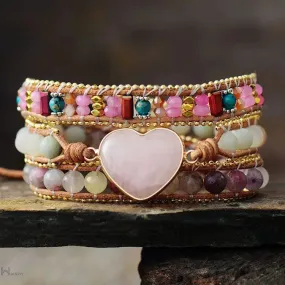 Rose Quartz & Tourmaline Heart Wrap Bracelet - Elevate Your Style with Healing Crystals