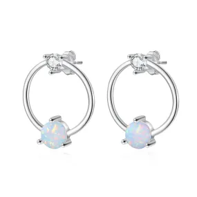 Round Opal Small Zircon Circle Hoop Sterling Silver Stud Earrings