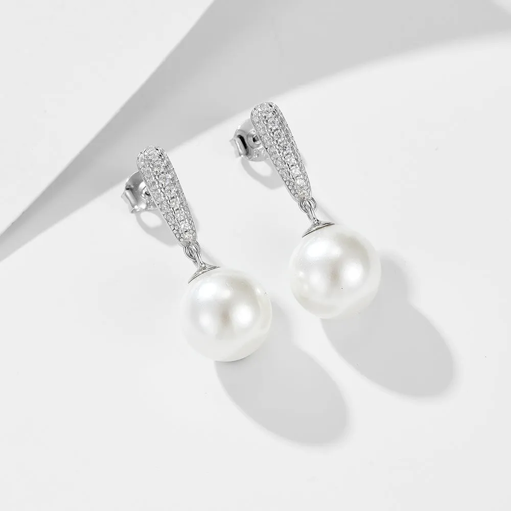 Round Pearl Pendant Zircon Sterling Silver Drop Earrings