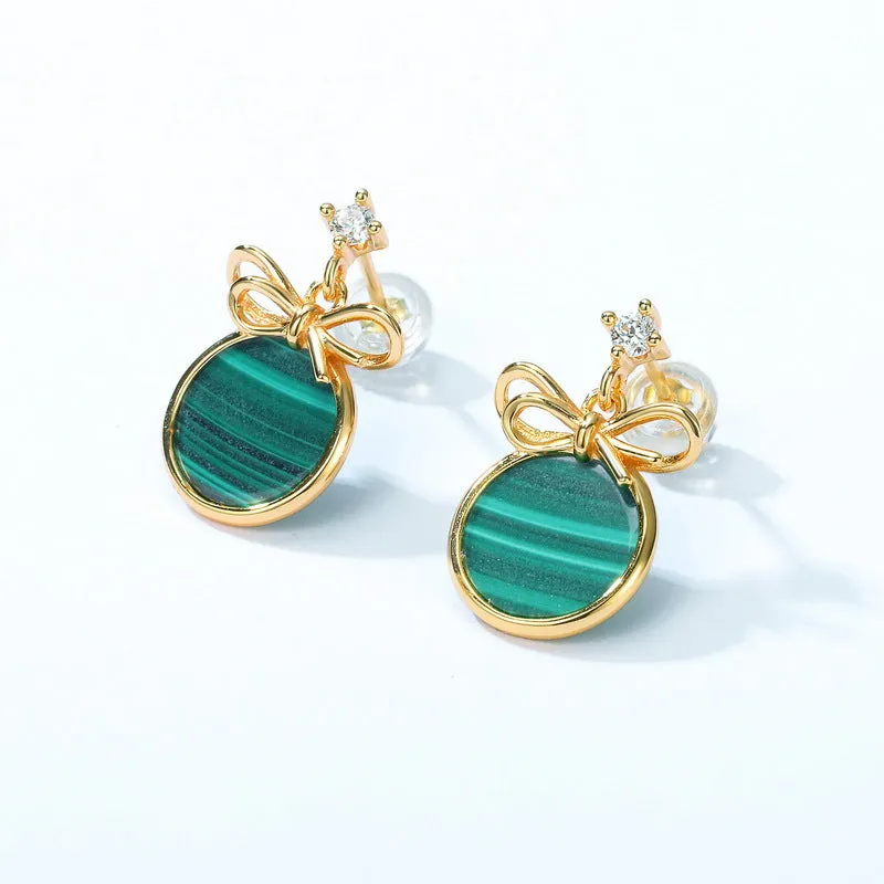 Round Shape Malachite Bowknot Zircon Sterling Silver Drop Earrings